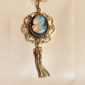Whiting & Davis Vintage Cameo Gold-Tone Iridescent Lady w/ Tassel Pendant
